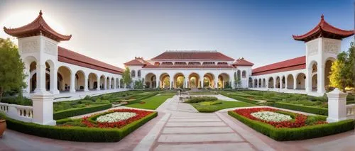 Modern CSU architecture, grand entrance gate, sprawling campus, majestic buildings, red-tiled roofs, white columns, intricate carvings, lush greenery, vibrant flowers, sunny afternoon, warm natural li