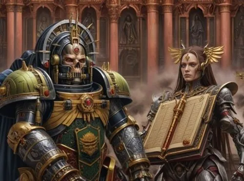 the two knights are holding up a mcript,consecrators,oerth,uther,custodes,gotrek,dragonlance