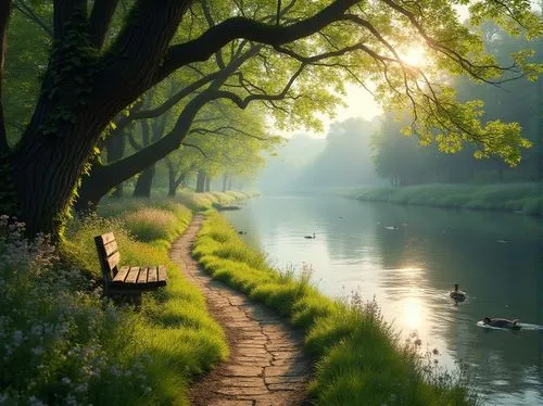 nature wallpaper,tree lined path,nature background,forest path,nature landscape,green landscape,wooden bench,beautiful landscape,landscape background,river landscape,pathway,tranquility,evening lake,wooden path,landscape nature,idyllic,flooded pathway,towpath,beautiful lake,the mystical path,Photography,General,Realistic