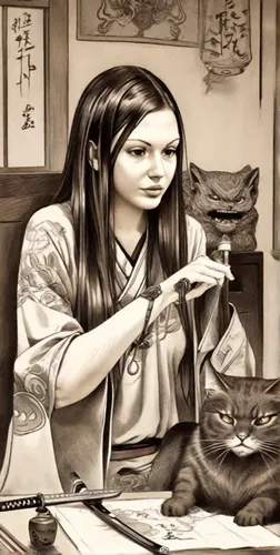 Beautiful occultist women with black tattoos and long brown hair meditating in a traditional japanese yokai themed room. There is a cute demon grey tabby cat next to her. Oni mask and a katana is in h