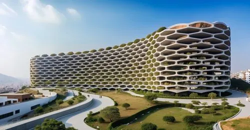 building inspiration from honeycomb , context in the moutain and have the same building in context ,the curving facade of a building that appears to be made from round pieces of white paper,honeycomb 