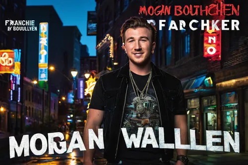 Create an album cover with a nighttime cityscape setting and Morgan Wallen,cd cover,maefchen,cover,music cd,albam,music book,folk music,mozart taler,flayer music,album cover,solo entertainer,checker m