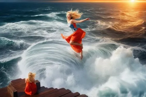 A beautiful young woman with fair skin and beautiful blonde hair blowing in the wind in a floral skirt shirt standing on a small wooden pier in the middle of a raging storm, a huge sailing ship caught