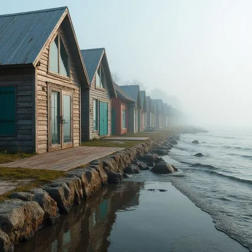 Driftwood-clad buildings, ocean-inspired fa\u00e7ades, corrugated metal roofs, weathered wood accents, beachy color palette, natural textures, reclaimed wood decks, eco-friendly paints, low-maintenanc