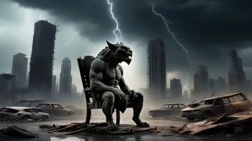 minotaur,apocalyptic,ramses ii,destroyed city,gargoyles,digital compositing,stray dogs,capitoline wolf,sphynx,neo-stone age,post apocalyptic,photo manipulation,photomanipulation,apocalypse,the sphinx,rome 2,extinction,statue of hercules,world digital painting,district 9