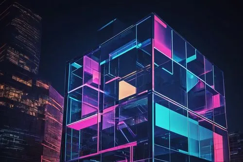 Modern architecture, futuristic cube building, geometric shapes, metallic materials, reflective glass surfaces, sleek lines, minimalist design, urban cityscape, night scene, neon lights, dramatic shad