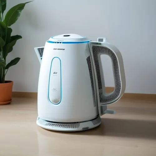 a white and blue tea kettle sits next to a potted plant,delonghi,dehumidifier,humidifier,breville,robocup,coffeemaker,dehumidifiers,keurig,humidifiers,ice cream maker,coffee percolator,smarttoaster,ri