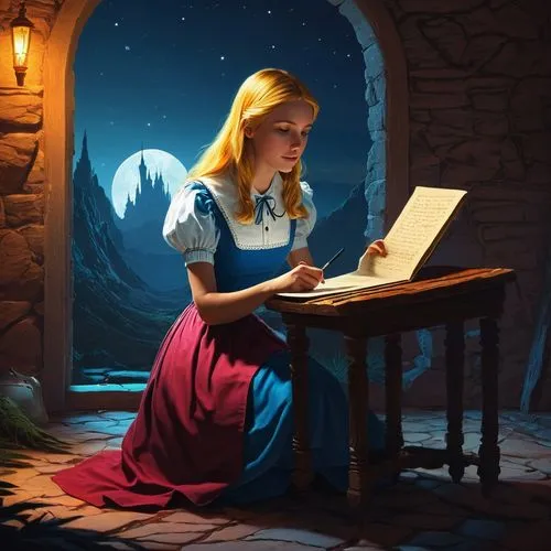 Alice is absent, but I'm writing a message to her.,a little girl writing while sitting on the ground,girl studying,belle,storybook,cinderella,fairy tale character,storybook character,Conceptual Art,Sc