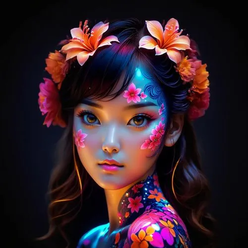 digital painting,fantasy portrait,world digital painting,geisha girl,neon body painting,flower painting