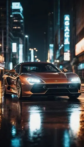 Luxury car, futuristic design, shiny metallic body, LED headlights, sporty wheels, aggressive stance, speeding, dynamic movement, cityscape, nighttime, neon lights reflection, wet asphalt road, motion