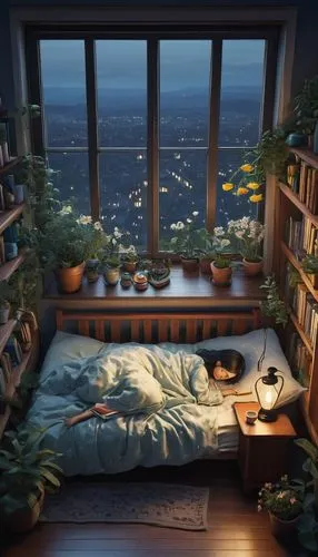 sleeping room,bedroom window,window sill,sky apartment,windowsill,bedroom,Illustration,Realistic Fantasy,Realistic Fantasy 31