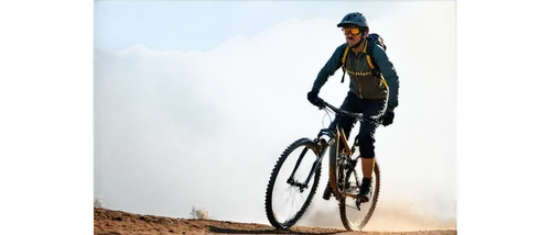 Mountain bike, dynamic movement, low-angle shot, rider wearing helmet, sunglasses, gloves, sporty clothing, chainring, pedals, wheels spinning, dusty trail, morning sunlight, shallow depth of field, f