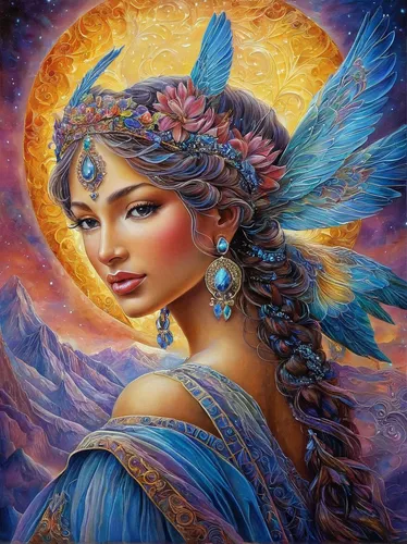 fantasy art,faery,boho art,fairy peacock,faerie,mystical portrait of a girl,blue moon rose,archangel,fantasy portrait,fantasy woman,fairy queen,rosa 'the fairy,gypsy soul,angel,radha,oil painting on canvas,blue enchantress,baroque angel,mantra om,fantasy picture,Conceptual Art,Fantasy,Fantasy 14