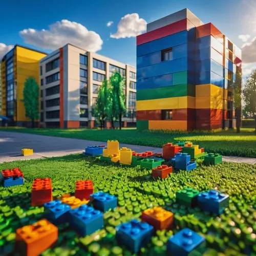 Colorful Lego bricks, modern architecture, nearby scenery, vibrant green grass, blue sky with few white clouds, low-angle shot, dramatic lighting, highly detailed texture, 3/4 composition, focus on bu