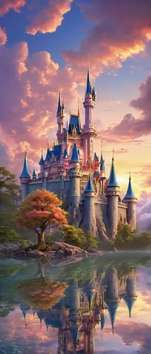 Disney castle, dreamlike atmosphere, iron ore deposits, sparkling texture, fantasy landscape, enchanted forest, vibrant flora, magical glow, soft ambient lighting, wide-angle view, detailed stonework,