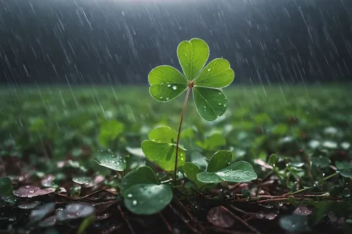 As rain pours down, a distressed clover longs for sunlight to bring hope.,clover leaves,4-leaf clover,five-leaf clover,hybrid clover,four-leaf clover,narrow clover,redwood sorrel,medium clover,three l