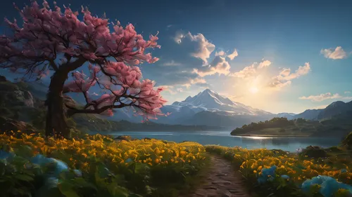 fantasy landscape,the valley of flowers,landscape background,springtime background,fantasy picture,blossom tree,spring background,blooming trees,blooming field,japanese sakura background,beautiful landscape,spring morning,nature landscape,mountain sunrise,world digital painting,full hd wallpaper,meadow landscape,spring blossom,blooming tree,flourishing tree,Photography,General,Fantasy