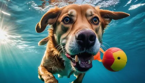 Max, the adventurous dog, with a toy in his mouth, ready for a playful showdown. 8k colorful vibrant realistic ,dog in the water,retriever,dog photography,retrieving,retrieves,retrieve,swimmable,scuba