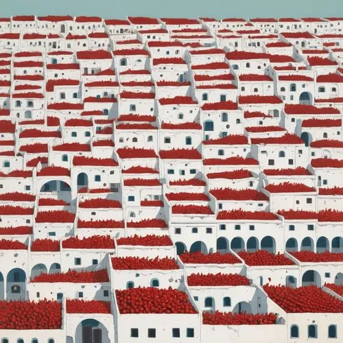 Beneath her, the blue-and-white terraces of the Arab town overlapped one another, splattered with the dark-red spots of peppers drying in the sun. ,red roof,townscape,cordoba,toledo,the sea of red,alh