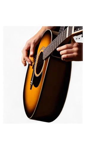 Acoustic guitar, wooden body, steel strings, fretboard, tuning pegs, musician's hand, fingers pressing strings, solo performance, spotlight, soft focus, warm lighting, intimate atmosphere, 3/4 composi