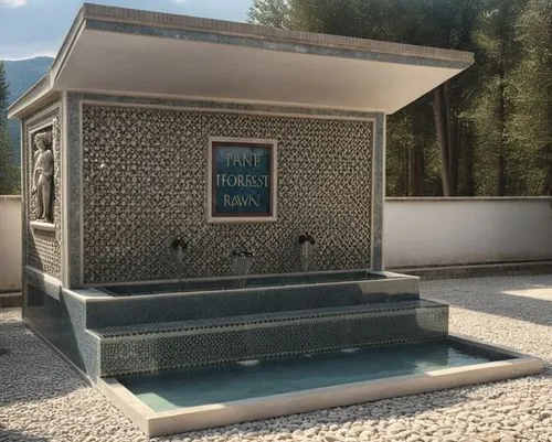 in the forest, antique fountain, blasting stone, marble coating, marble motif, decorative marble elements, shaped marble pieces,,a monument with the names of all the different countries,spa water foun