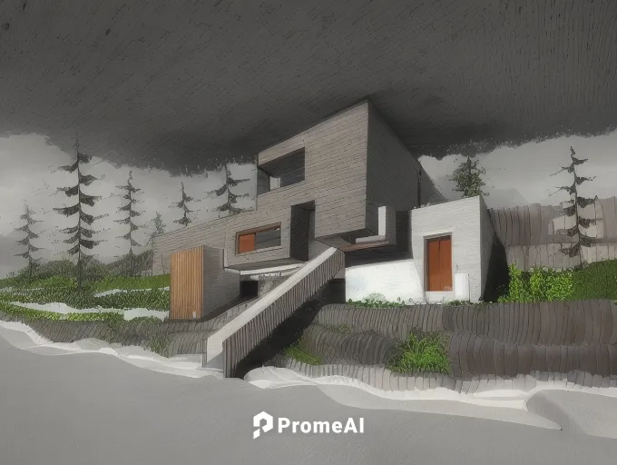 modern house, wood, concrete, overcast mode,
,render,house in mountains,3d rendering,inverted cottage,modern house,cubic house,snow house,house in the mountains,mountain hut,dunes house,3d render,moun