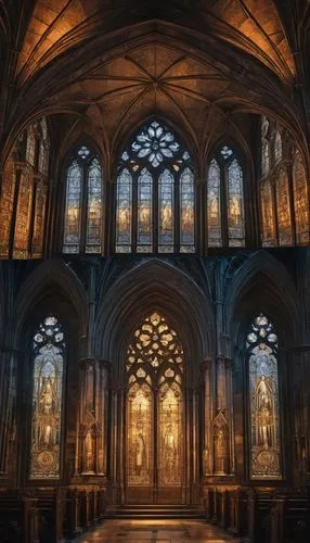 Gothic cathedral, grandiose, intricate stone carvings, pointed arches, ribbed vaults, stunning stained glass windows, majestic entrance doors, ornate columns, dark mysterious atmosphere, evening time,