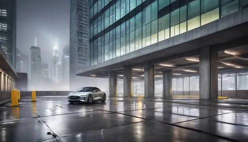 Modern parking architecture, futuristic design, sleek lines, silver metal beams, glass roof, natural light pouring in, urban cityscape background, skyscrapers surrounding, night scene, neon lights ref