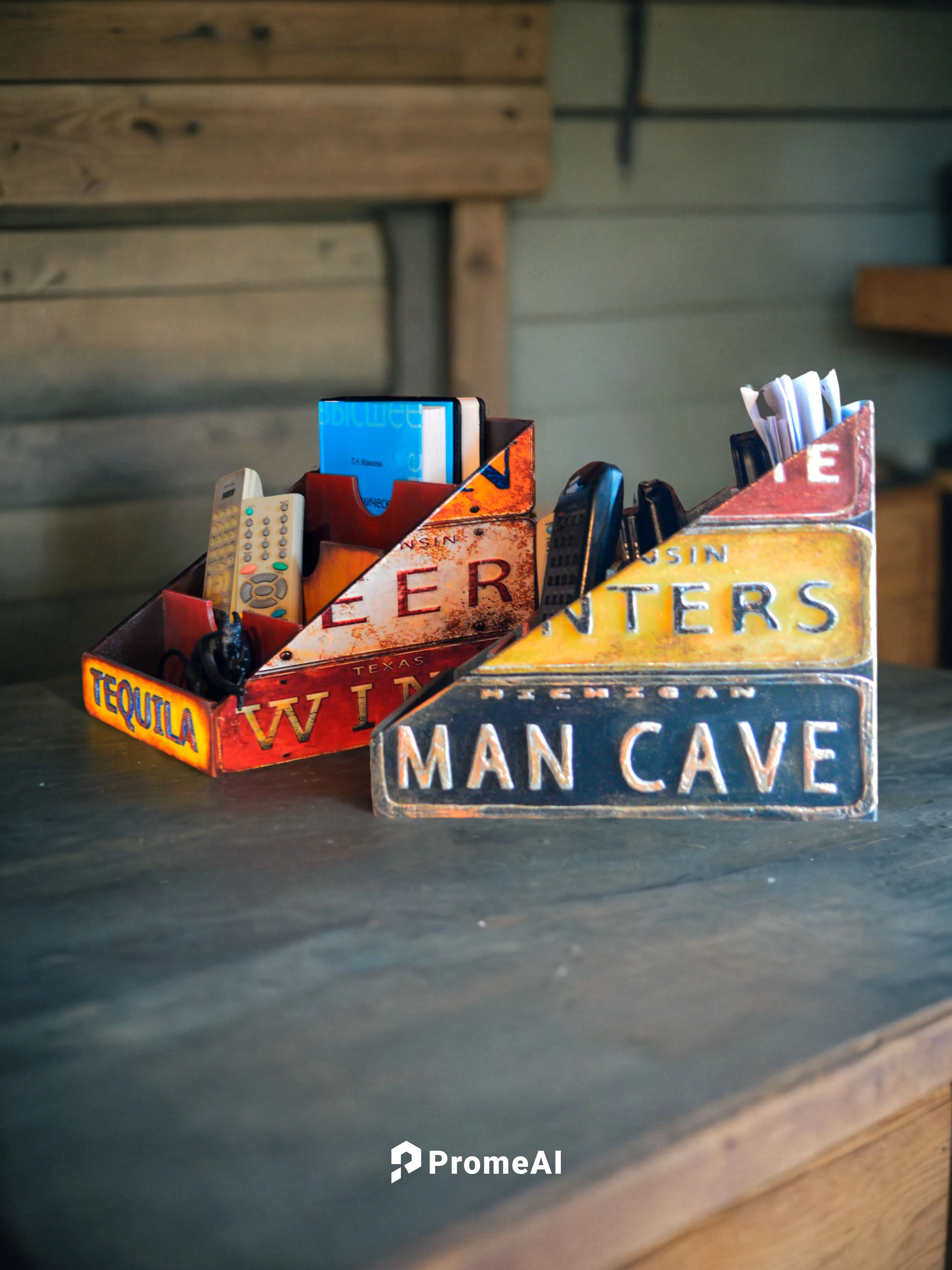 Органайзеры стоят на шкафчиках в Американском гараже,a table with two old signs that read men cave,matchboxes,little man cave,toolboxes,father's day gifts,workbench,woodcarvers,Small Objects,Indoor,Ru