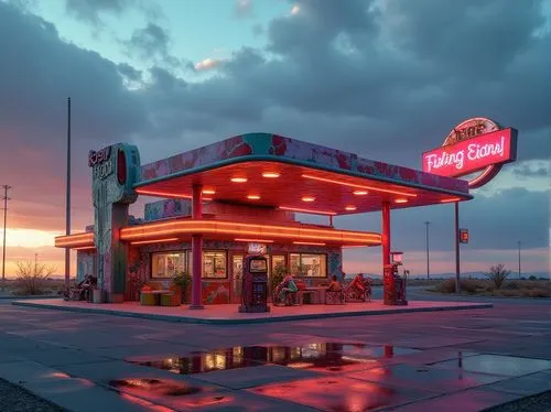 retro diner,gas station,e-gas station,electric gas station,truck stop,quiktrip,filling station,diner,route 66,conoco,drive in restaurant,truckstop,lachapelle,fargo,chernobyls,forecourt,tailpipes,keansburg,galveston,petrol pump,Photography,General,Realistic