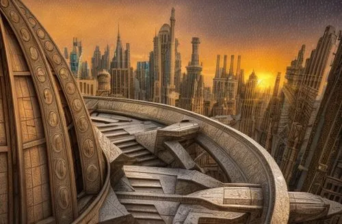 futuristic architecture,futuristic landscape,millenium falcon,sci fiction illustration,stargate,futuristic art museum,sci-fi,sci - fi,metropolis,ancient city,sci fi,cg artwork,cardassian-cruiser galor