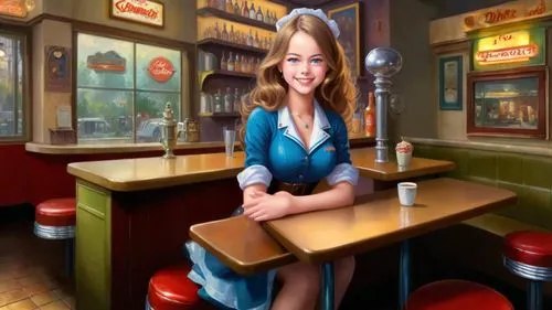 Romantic kitsch masterpiece oil painting, cute waitress girl portrait, 1 girl, classic 1950's style diner, nostalgic retro vintage scenery, by Thomas Kinkade, high res,waitress,woman at cafe,cigarette