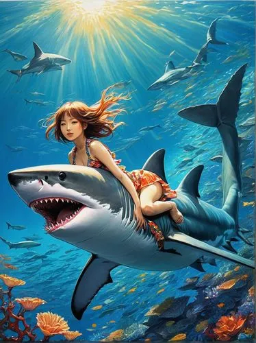 girl with a dolphin,underwater background,temposhark,seaquarium,semiaquatic,megalodon,requin,nekton,carcharodon,underwater world,carcharhinus,mayshark,mermaid background,tiburones,ijaws,tigershark,sea animal,aquarium inhabitants,makos,great white shark,Illustration,Japanese style,Japanese Style 18