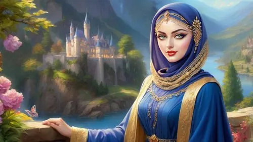 Romantic masterpiece oil painting, beautiful girl portrait, beautiful silk abaya dress, nostalgic 1950's style kitsch, breathtaking beautiful epic vast landscape, majestic fairy tale scenery, highly d