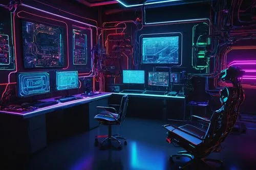 AI Image Generator, digital art, futuristic laboratory, neon lights, robotic arms, screens displaying code, motherboards, wires, circuits, futuristic chair, minimalist background, shallow depth of fie