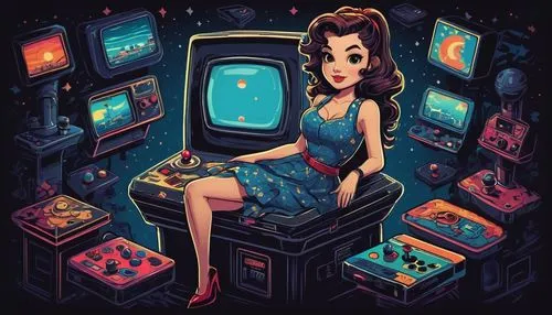 retro girl,retro woman,game illustration,pinball,girl at the computer,retro women,tv,retro television,retro background,television,sega mega drive,game addiction,arcade game,retro styled,arcade games,retro music,computer game,video gaming,sega genesis,games console,Illustration,Realistic Fantasy,Realistic Fantasy 25