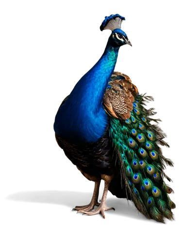 Peacock hen, colorful plumage, iridescent feathers, shiny beak, elegant neck, flowing tail, soft light brown eyes, gentle expression, standing pose, subtle texture, intricate details, natural composit