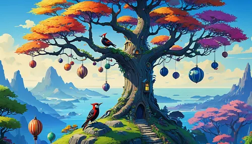 mushroom landscape,bird kingdom,tree top,flourishing tree,tree tops,tree mushroom,colorful tree of life,cartoon forest,mushroom island,fruit tree,magic tree,apple mountain,bird bird kingdom,tree of life,painted tree,treehouse,wondertree,tree,isolated tree,strawberry tree,Conceptual Art,Fantasy,Fantasy 02