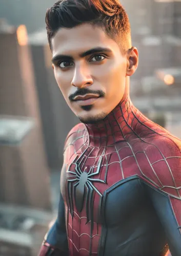 photo of spideman on (top of a building:1.2), (photorealistic, raw, extremely intricate:1.3), dawn, cinematic light, best shadow, looking at viewer, skinny, (detailed skin:1.4), , spiderman costume,sp