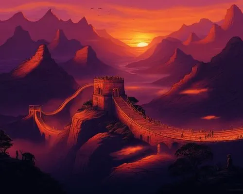 sunset at africa,an illustration with a sunset over the mountain,great wall,fantasy landscape,khandaq,cartoon video game background,mountainous landscape,mountain landscape,Illustration,Realistic Fant