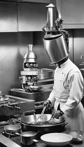 Imagine a futuristic world where robots are programmed to cook Horst Ratatouille for humans.,chef hats,chef hat,chef's uniform,chef's hat,chef,pots and pans,chefs kitchen,cookware and bakeware,men che