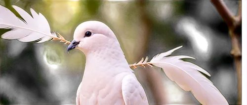 Dove, white feathers, gentle eyes, peaceful expression, olive branch in beak, soft focus, warm light, shallow depth of field, 3/4 composition, natural scenery, green background, calm atmosphere, seren