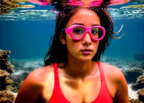 Underwater photo, girl, swimsuit, wet hair, goggles, snorkeling, scuba diving, coral reef, seaweed, sunlight filtering through water, 3/4 composition, shallow depth of field, warm color tone, cinemati