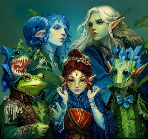 D&D party of adventurers with a humanoid frog a blue-firbolg and a halfling


,a painting of three women and two guys with horns,fantasy art,fairytale characters,fantasy picture,elfquest,sorceresses,f