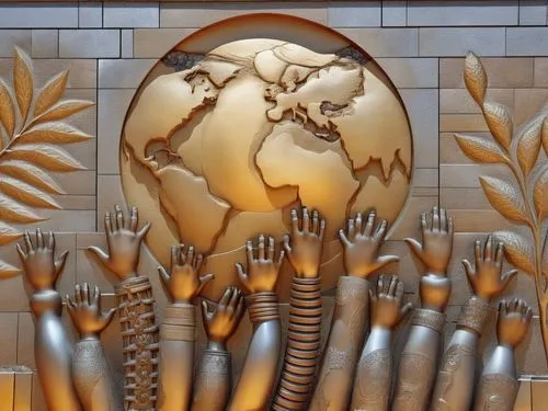 bas relief,a metal sculpture of people around a world globe,worldbank,mother earth statue,wall decoration,unccd,world clock,world heritage,Photography,General,Realistic