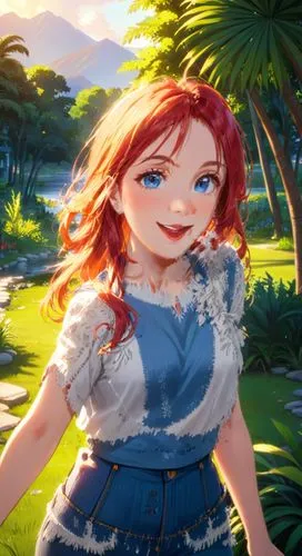 the sun dips below the horizon, casting a warm orange glow on the serene landscape of downtown park in New York. A beautiful caucasian girl dons a red hair, warm blue eyes, a fiery red lips, and a pai