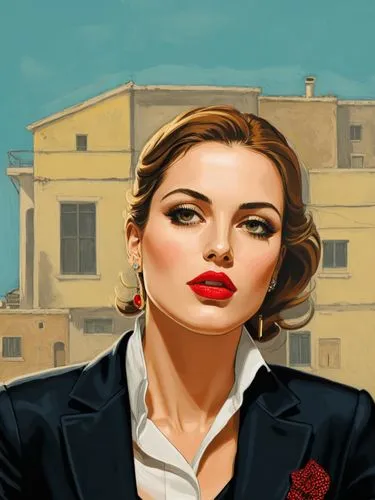 A perfect woman.,an art image of a woman in a suit and red lipstick,vettriano,contessa,montalbano,bussiness woman,woman at cafe,sapienza,Illustration,Vector,Vector 14