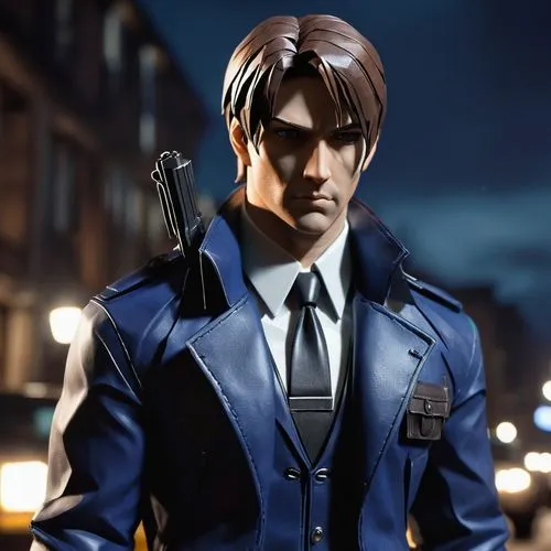 Leon Kennedy, Raccoon City police officer, male, 30s, strong facial features, short brown hair, blue eyes, worn leather jacket, white shirt, black tie, formal trousers, gun holster, serious expression