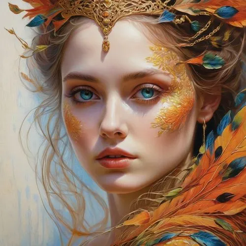 faery,fantasy portrait,fantasy art,faerie,mystical portrait of a girl,fairy queen,fantasy woman,golden crown,dryad,headdress,the enchantress,feather headdress,gold filigree,boho art,fae,fairy peacock,golden wreath,gold leaf,faun,golden mask,Photography,General,Commercial