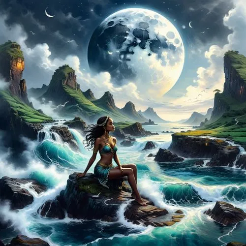 a  sitting on top of a rock in a body of water near an island,fantasy picture,moana,mermaid background,ocean background,fantasy art,moon and star background,Illustration,Realistic Fantasy,Realistic Fa